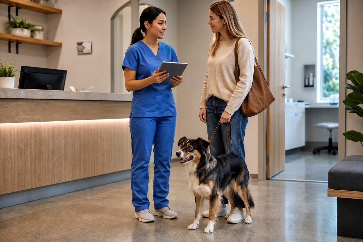 Veterinary clinic staff member discusses routine pet care with a dog owner and dog at the front desk of an independent vet clinic.