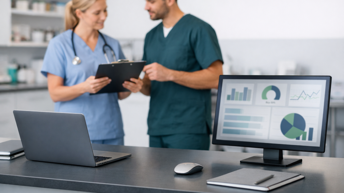 Female veterinarian holds a notepad binder and discusses a case with a male vet tech in an independent vet clinic office, a desk is in the foreground with a  computer on the desk  and the page showing charts and graphs.