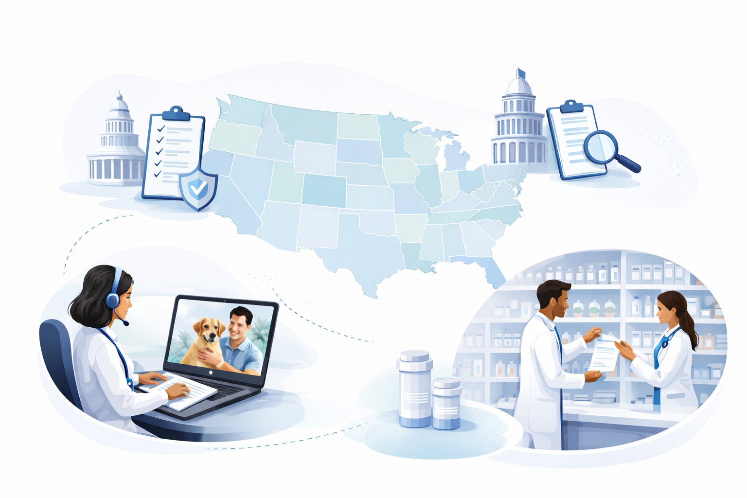 icons around a map of the USA to depict the state approvals for veterinary telehealth and the related directional signal