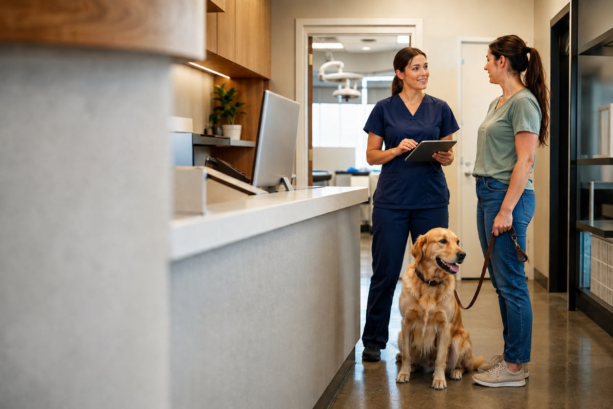 Female veterinarian standing in clinic waiting room with female client and her large dog, discussing results of an exam.