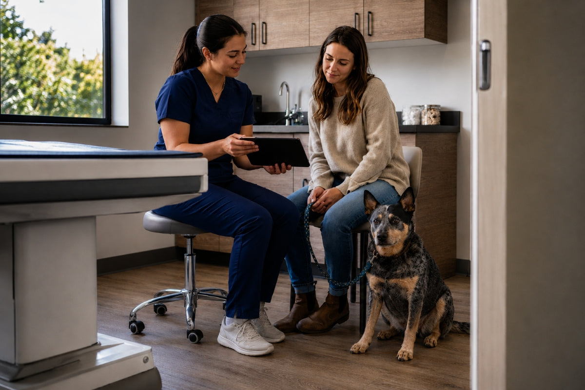 Seated female veterinarian discuses exam results with a seated female dog owner while the dog sits at her feet at an independent vet clinic treatment room.