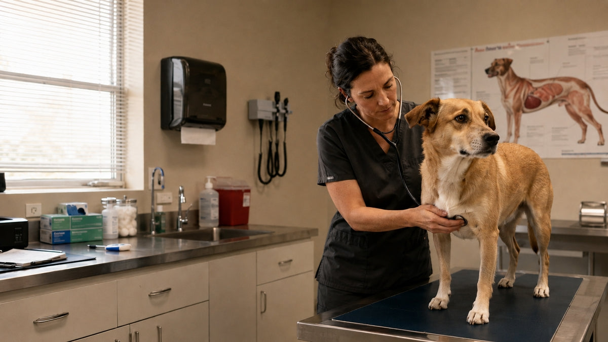 Female veterinarian using a stethoscope to examine a medium-sized dog in an independent  vet clinic treatment room.