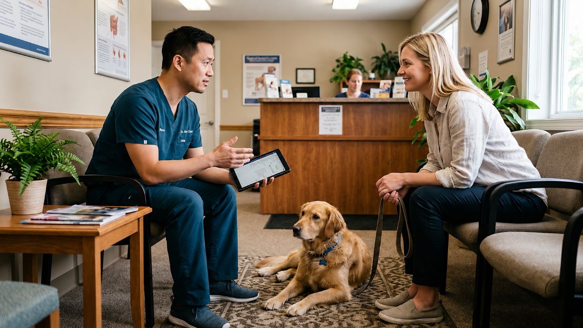 Male veterinarian explains an exam to a female client and her dog in the waiting room of a companion animal vet clinic.
