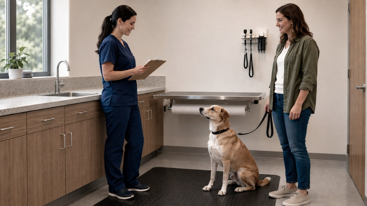 Female vet discussed exam results with a female client and her medium sized dog in an independent vet clinic exam room.