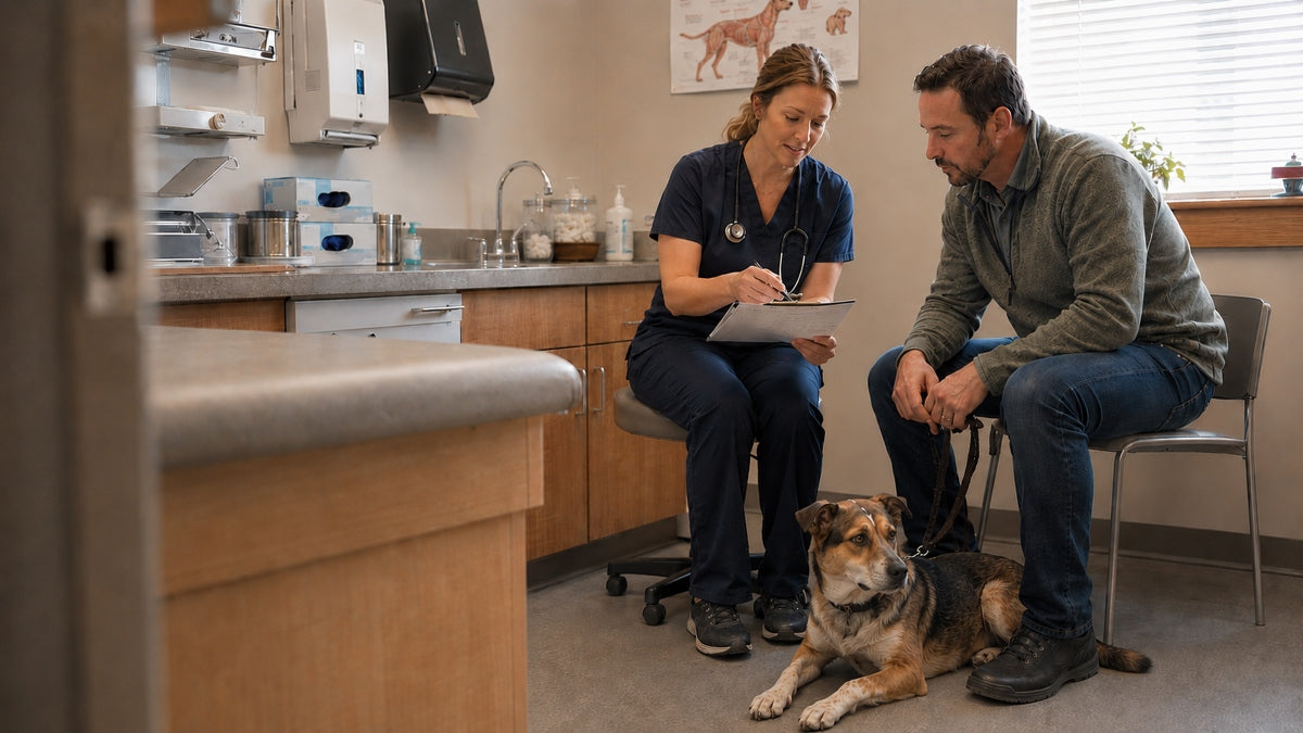Female veterinarian is seated discussing exam results with seated client  in an independent vet clinic, the clients dog lays at his feet.