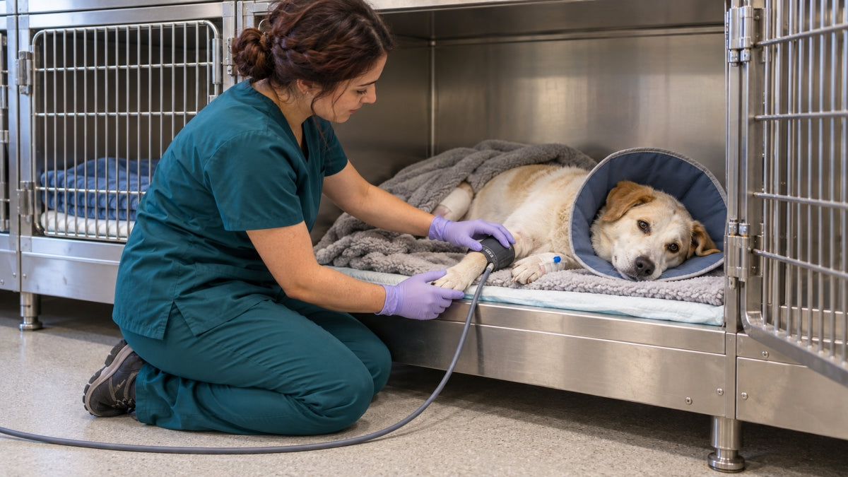 female vet technician kneels on the floor to treat dog in post-surgery recovery kennel.