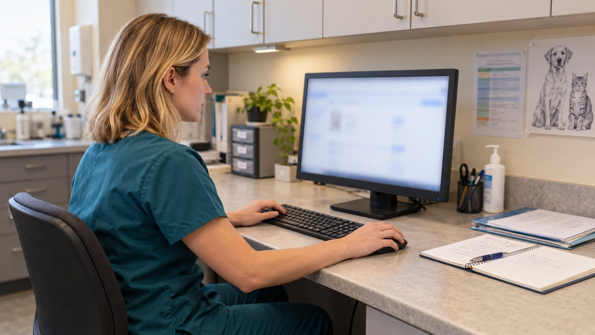 Female veterinarian sits at a desk using PIMS in a vet clinic exam room.