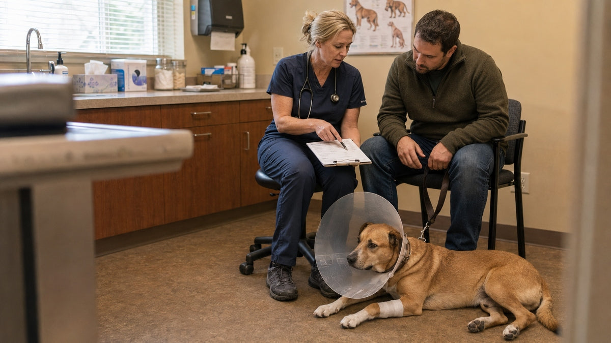 Female veterinarian sitting with client in exam room discussing results of the client's dog treatment, the dog lays on the floor with a cone on it's head and a bandage on it's leg.