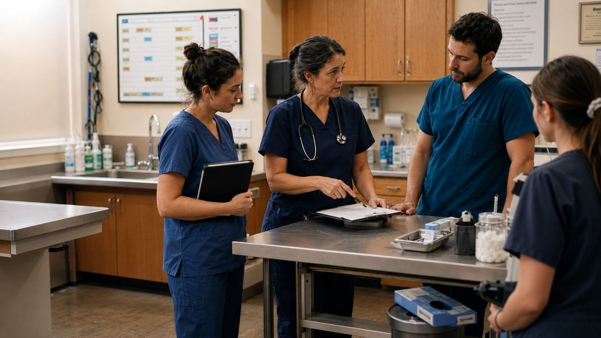Female veterinarian briefing her vet staff in an independent  vet clinic treatment room.