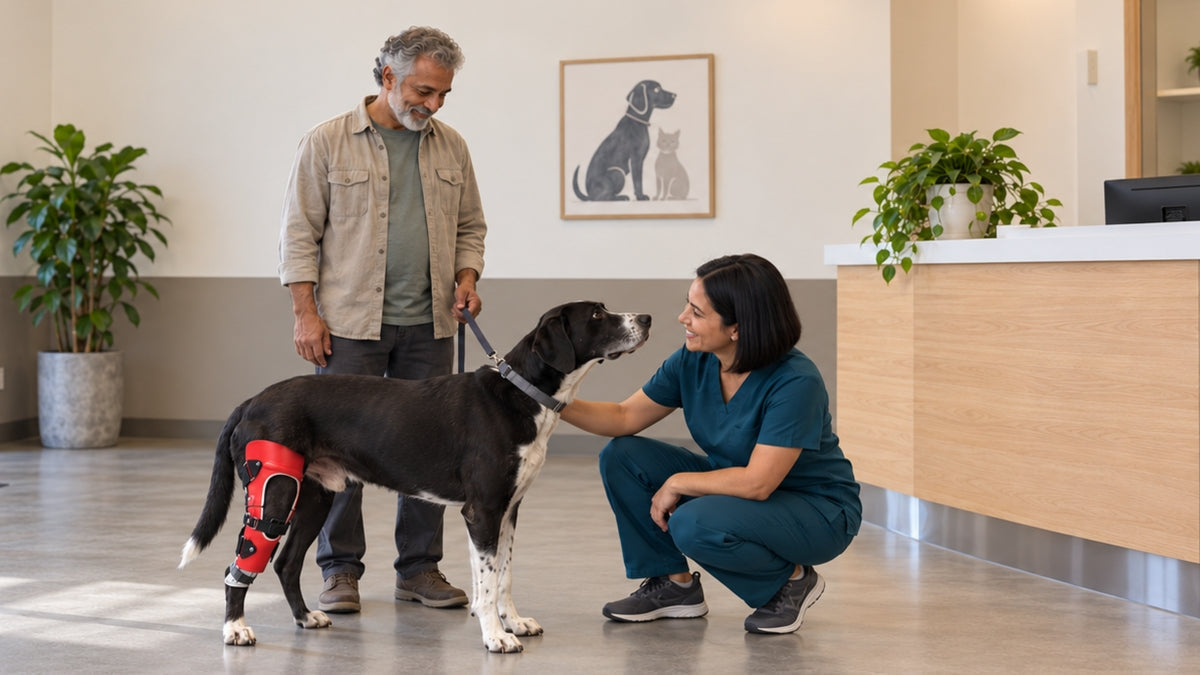 Female veterinarian greets a male client and his dog with leg brace on, in the front foyer of an independent  vet clinic.