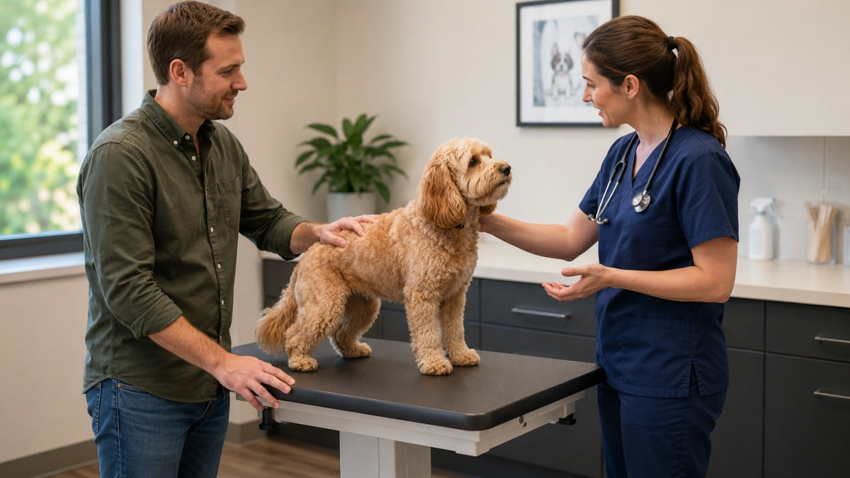Female veterinarian discusses exam with client and small dog in an independent vet clinic exam room.