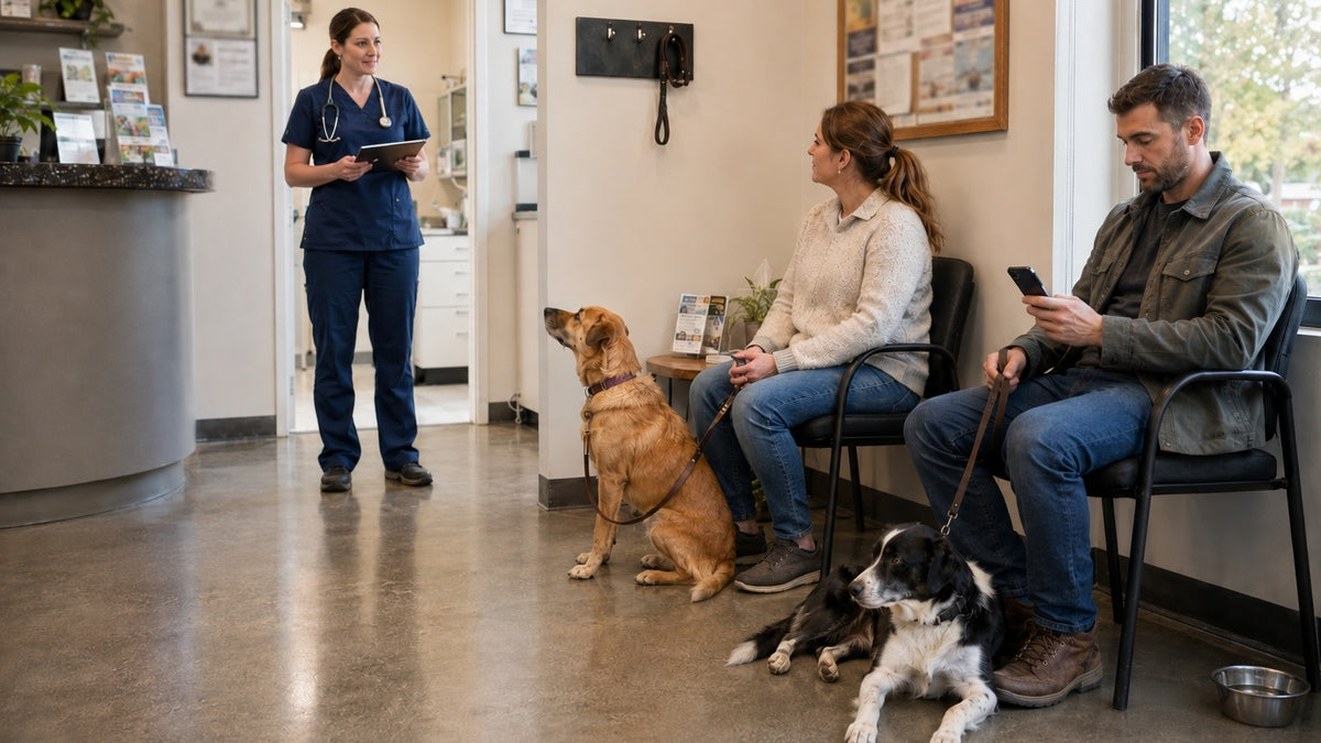A female veterinarian stands in the doorway of a clinic waiting room to call the next patient, two clients are seated in the waiting room with a dog at each of their feet.