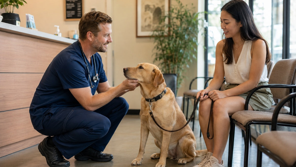 Male veterinarian greets a female client and her medium sized dog in the waiting area of an independent vet slinic.