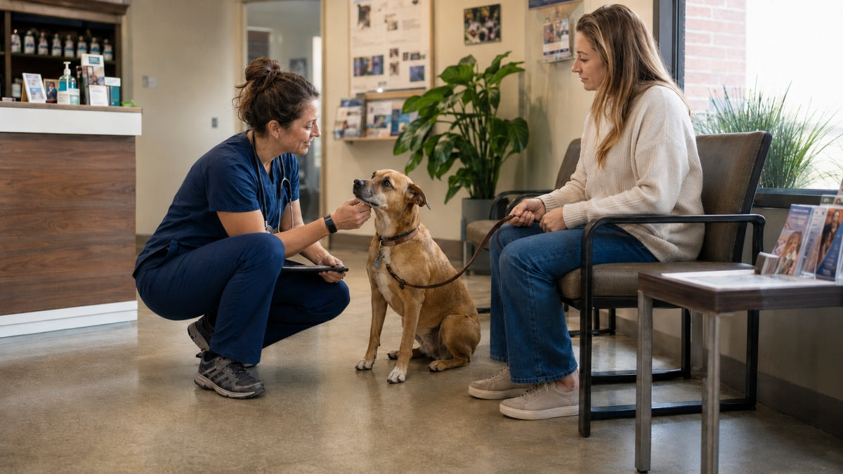 Female veterinarian greets a client and her medium sized dog in the waiting room of an independent vet clinic  waiting room .