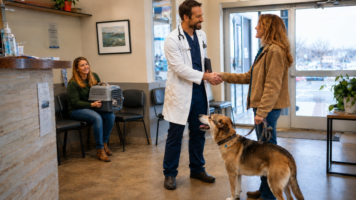 Male veterinarian meets client and her dog in independent vet practice waiting room.