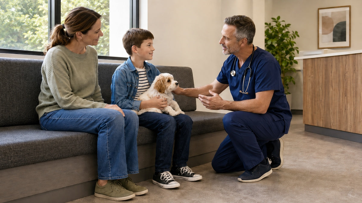 veterinarian discusses exam with client, her child and a small dog in the waiting room of an independent vet clinic.