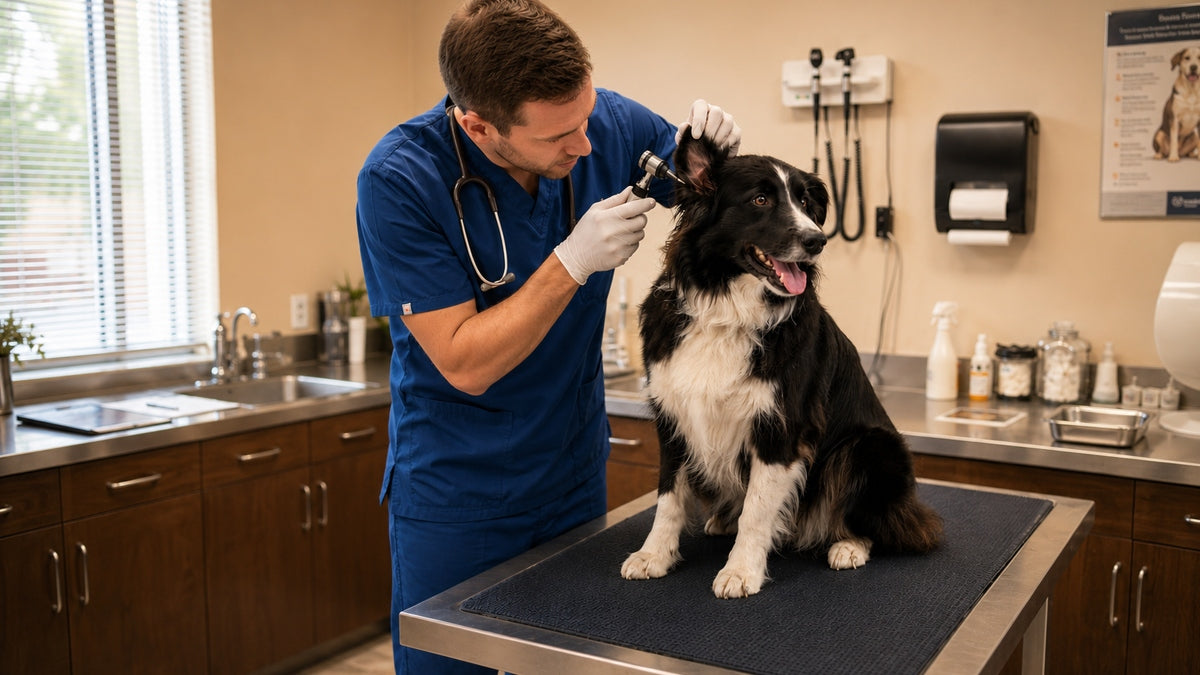 Male veterinarian conducts an ear exam on a medium sized dog in an exam room of an independent vet clinic.