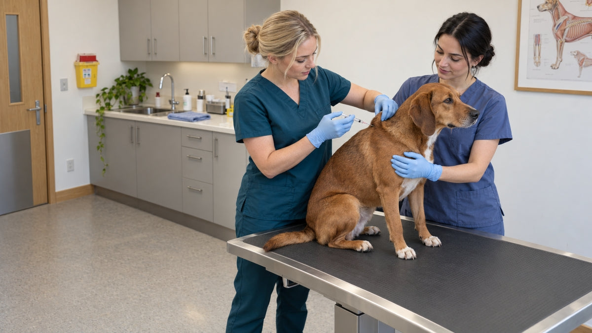 Female vet administers injection to dog patient with assistance from female vet tech.