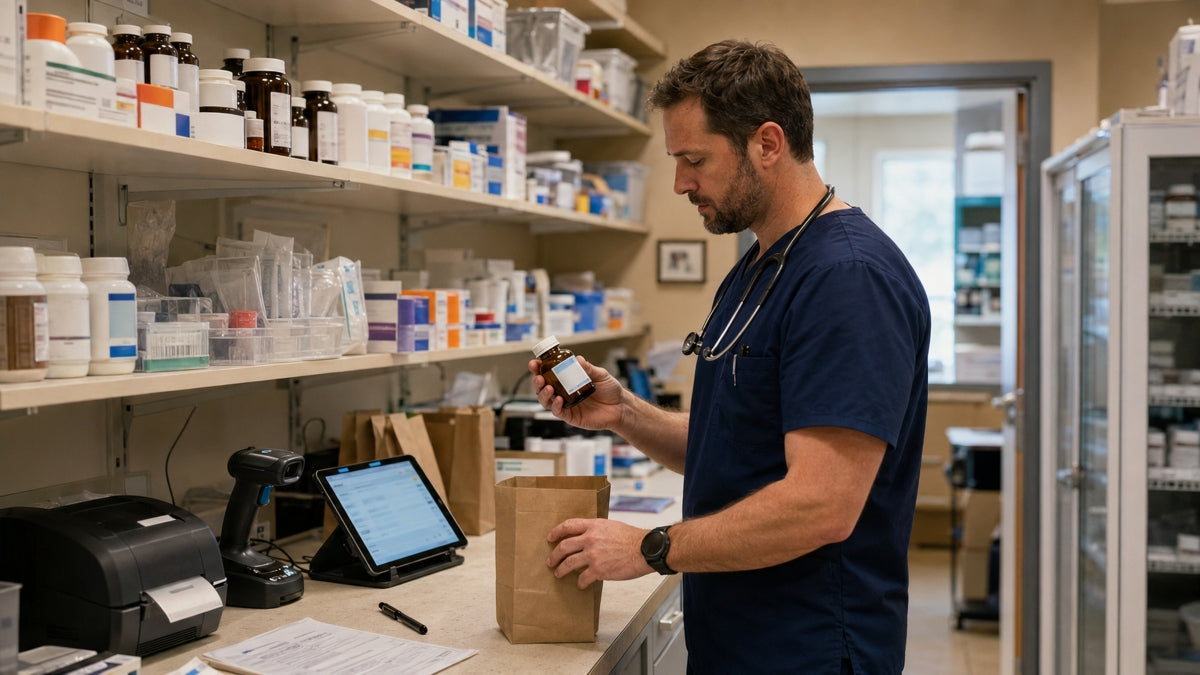 Male vet preparing medication order in pharmacy of an independent vet clinic.