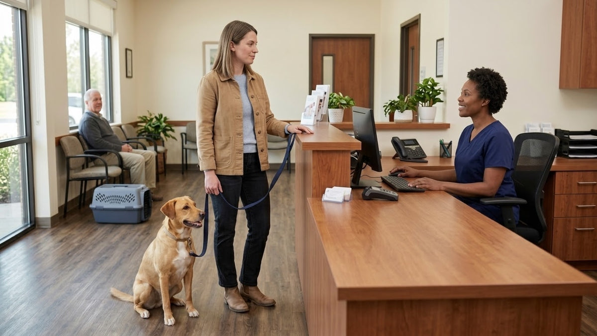 Companion animal health scene: a client and her dog are greeted by the office manager in an independent vet clinic.