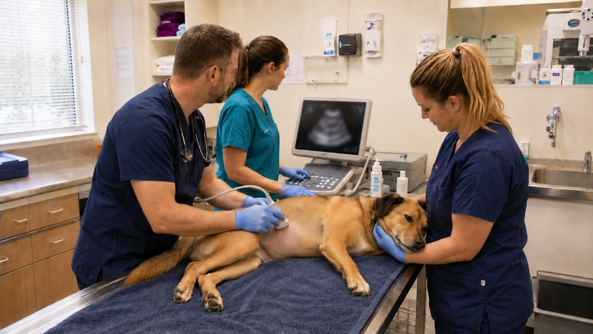 A veterinarian and two vet technicians conduct an ultrasound on a dog in an independent vet clinic exam room